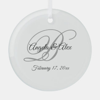 Black and Grey Fancy Script Monogram Glass Ornament