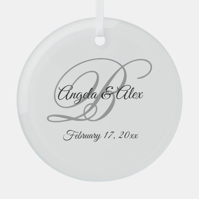 Black and Grey Fancy Script Monogram Glass Ornament (Front)