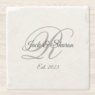 Black and Grey Fancy Script Monogrammed Stone Coaster