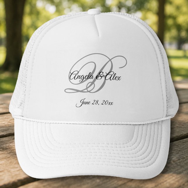 Black and Grey Fancy Script Wedding Monogram Trucker Hat (Black and Gray Fancy Script Wedding Monogram Trucker Hat)