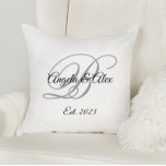 Black and Grey Fancy Wedding Anniversary Monogram Throw Pillow<br><div class="desc">Wedding anniversary elegant square throw pillow with the couple's monogram in a fancy grey and black calligraphy script. Customize the font size as needed for the bride and groom's names. Customize the black and grey colours, as well as the modern calligraphy font styles. The typography designs colours are black, grey...</div>