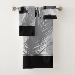 Black and Grey Feather Pattern with Monogram Bath Towel Set