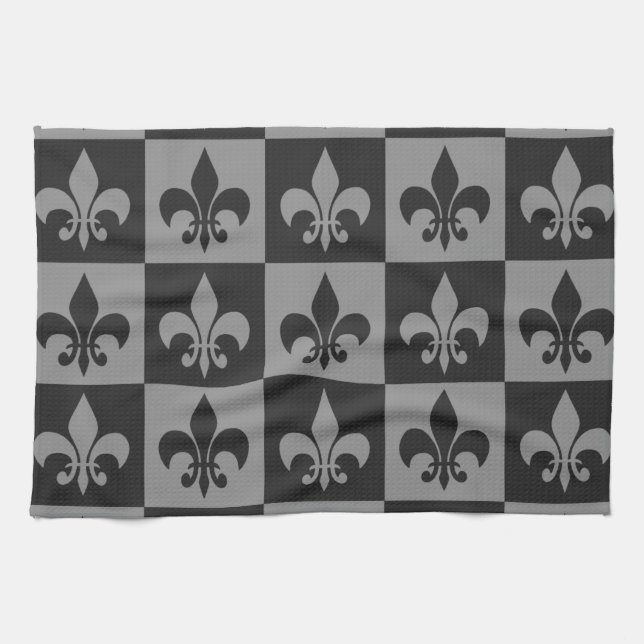 Black and Grey Fleur de lis Kitchen Towel (Horizontal)