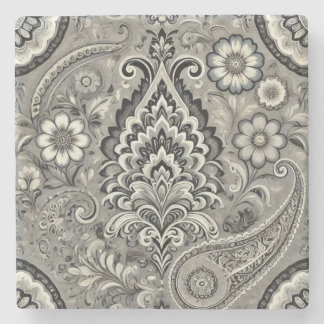 Black and Grey Floral Paisley Elegance Stone Coaster