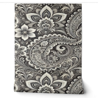 Black and Grey Floral Paisley Pattern Wallpaper