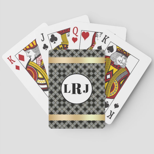 Black And Grey Floral Pattern With Monogram Playing Cards (Back)