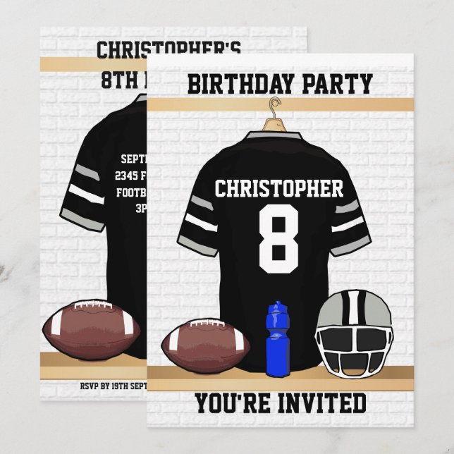 Black and Grey Football Jersey Birthday Party Invitation (Front/Back)