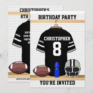 Black and Grey Football Jersey Birthday Party Invitation