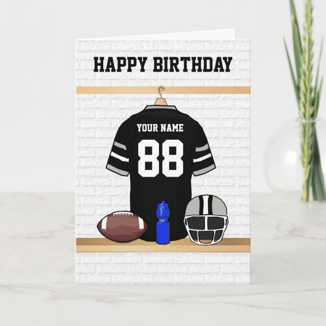 Black and Grey Football Jersey Happy Birthday Card (Front)