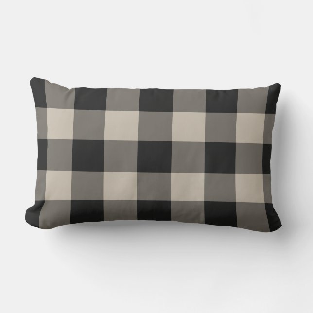 Black and Grey Gingham Buffalo Check Pattern Lumbar Pillow (Front)