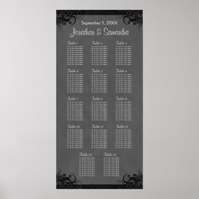 Black and Grey Goth Wedding 14 Table Seating Chart (Front)