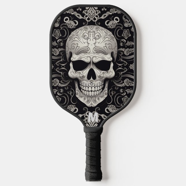 Black and Grey Gothic Scull Texture Monogram  Pickleball Paddle (Front)