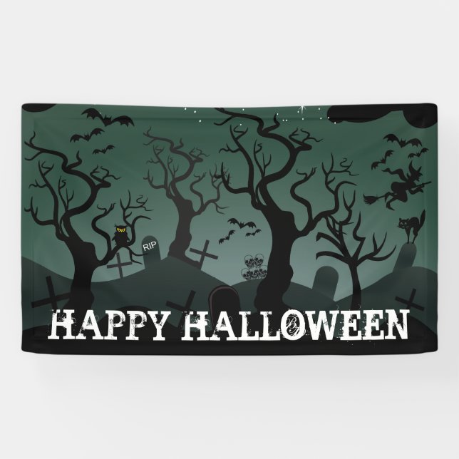 Black and grey graveyard, spooky trees Halloween Banner (Horizontal)