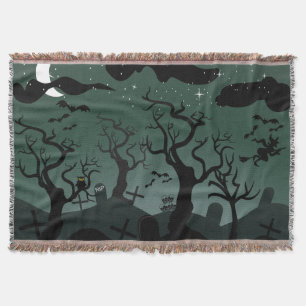 Black and grey graveyard, spooky trees Halloween Throw Blanket