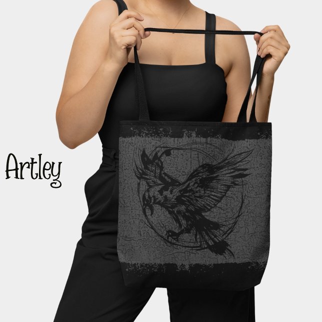Black and Grey Grunge Raven Gothic Tattoo Art Tote Bag (Creator Uploaded)