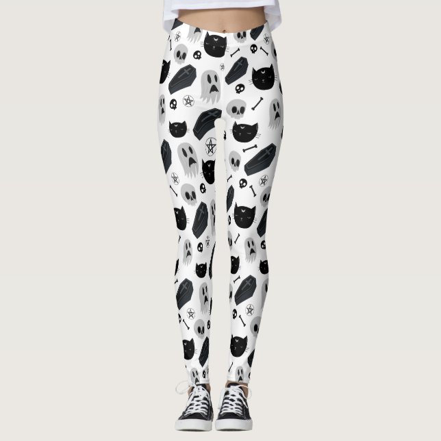 Black and Grey Halloween Icons Pattern Leggings (Front)