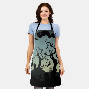 Black and grey haunted graveyard Halloween Apron