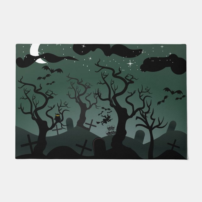 Black and grey haunted graveyard Halloween Doormat (Front)