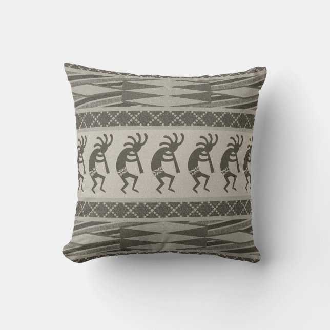 Black And Grey Kokopelli Aztec Pattern Throw Pillow (Front)