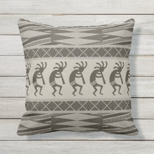 Black And Grey Kokopelli Aztec Pattern Throw Pillow