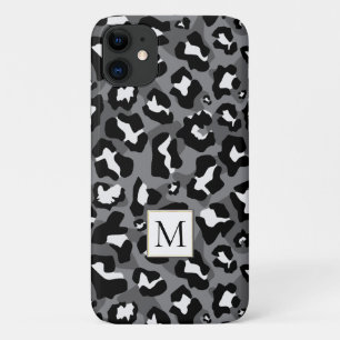 Black and grey leopard animal print and monogram iPhone 11 case