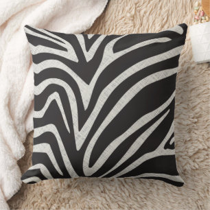 Black and Grey Linen Texture Print Zebra Stripe Throw Pillow