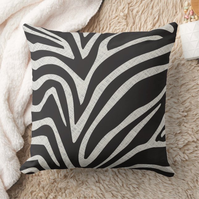 Black and Grey Linen Texture Print Zebra Stripe Throw Pillow (Blanket)