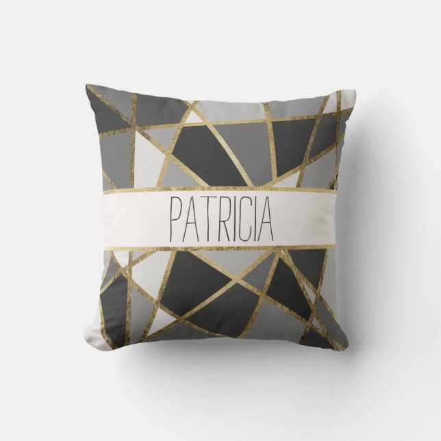 Black and Grey Modern Geo Gold Triangles Monogram Throw Pillow (Front)