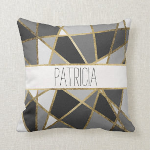 Black and Grey Modern Geo Gold Triangles Monogram Throw Pillow
