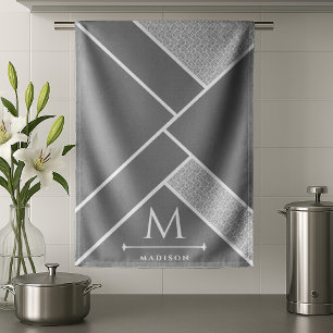 Black and Grey Modern Geometric Wavy Curved Lines Kitchen Towel