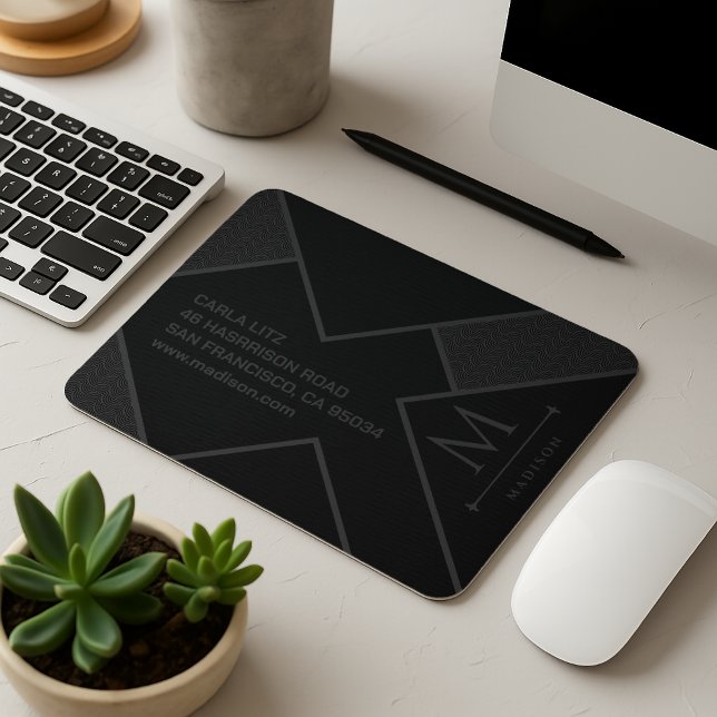 Black and Grey Modern Geometric Wavy Curved Lines Mouse Pad (Creator Uploaded)