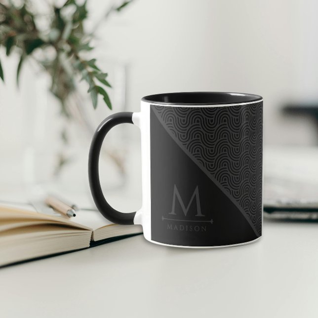 Black and Grey Modern Geometric Wavy Curved Lines Mug (Creator Uploaded)