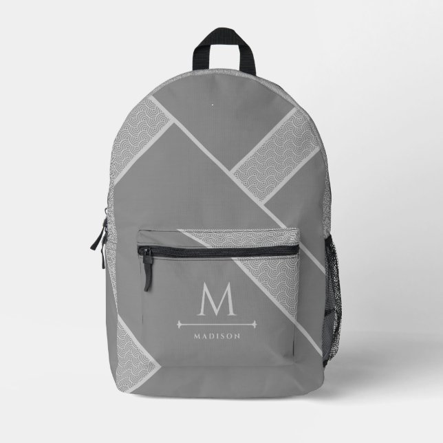 Black and Grey Modern Geometric Wavy Curved Lines Printed Backpack (Front)