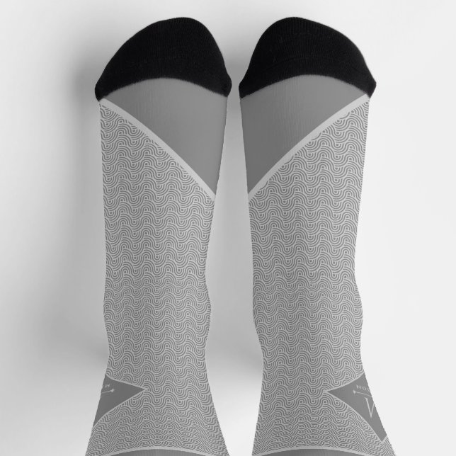 Black and Grey Modern Geometric Wavy Curved Lines Socks (Top)