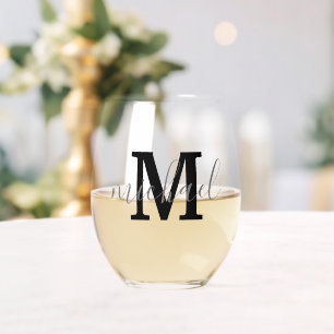 black and grey monogram personalized fathers day stemless wine glass