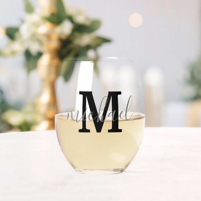 black and grey monogram personalized fathers day stemless wine glass (Insitu (Wedding))
