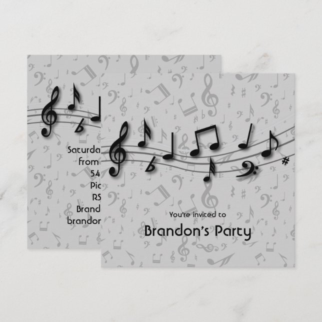 Black and Grey Music Notes Party Invitation (Front/Back)