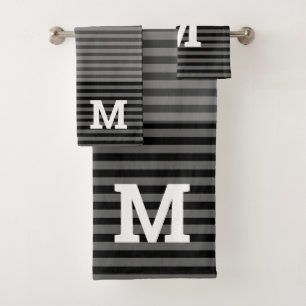 Black and Grey Ombre Striped Monogrammed Bath Towel Set