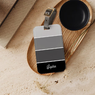 Black and Grey Ombre Stripes with Script Luggage Tag