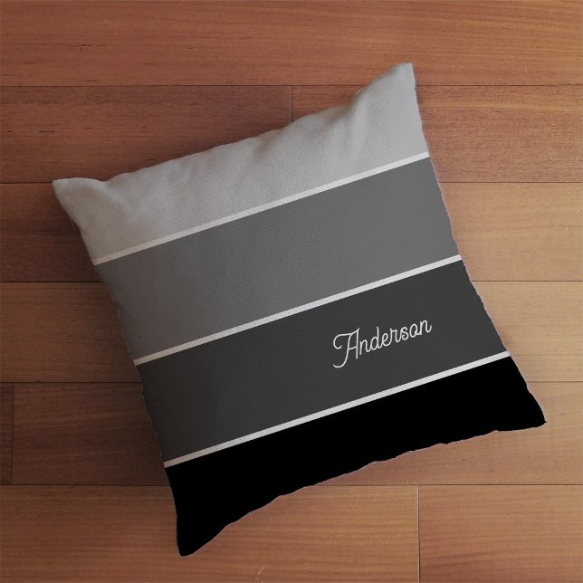 Black and Grey | Ombre Stripes with Script Throw Pillow (A neutral black and gray striped pillow with your name in script)