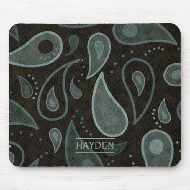 Black and Grey Paisley Pattern Personalised Mouse Pad (Front)