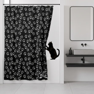 Black and Grey Paw Print Pattern Shower Curtain