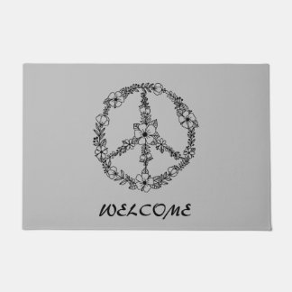 Black and grey peace sign welcome door mat