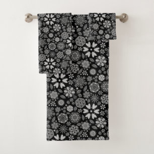 Black And Grey Retro Floral Art Seamless Pattern Bath Towel Set