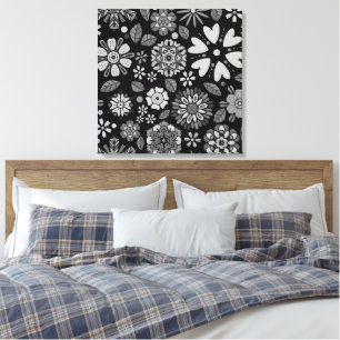 Black And Grey Retro Floral Art Seamless Pattern Canvas Print