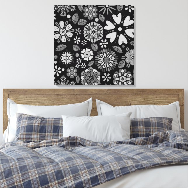 Black And Grey Retro Floral Art Seamless Pattern Canvas Print (Insitu(Bedroom))