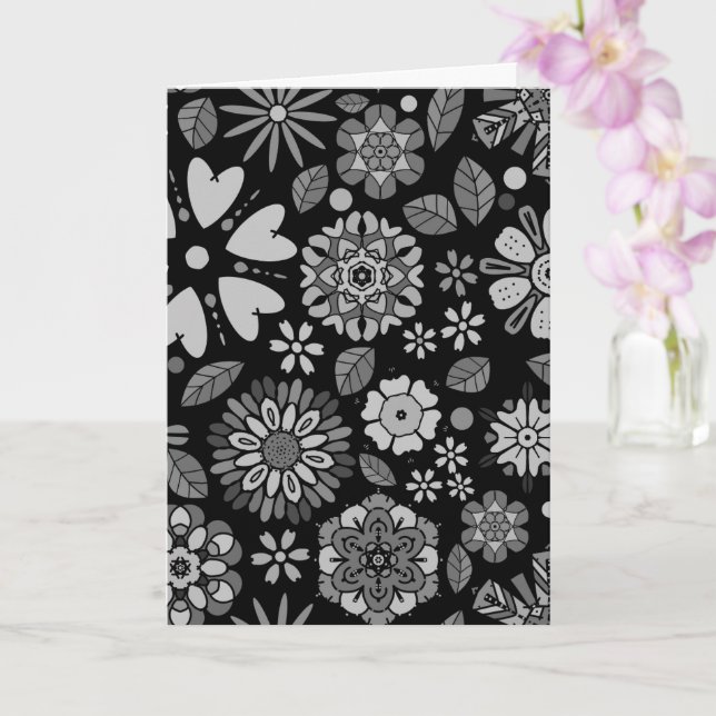 Black And Grey Retro Floral Art Seamless Pattern Card (Orchid)