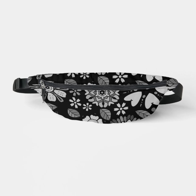 Black And Grey Retro Floral Art Seamless Pattern Fanny Pack (Front)