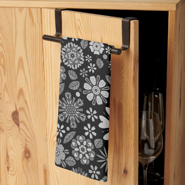 Black And Grey Retro Floral Art Seamless Pattern Kitchen Towel (Thirds Fold)
