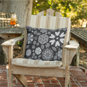 Black And Grey Retro Floral Art Seamless Pattern Outdoor Pillow